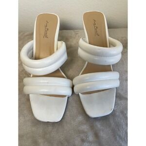 Anne Michelle White Puffer Double Strap Kitten Heel Square Toe Slide Sandals 9